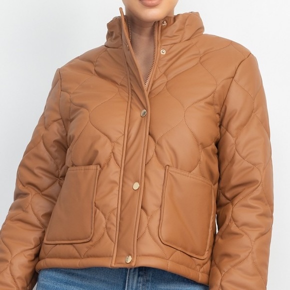 CAMEL MOCK NECK QUILTED PUFFER JACKET - Picture 3 of 4